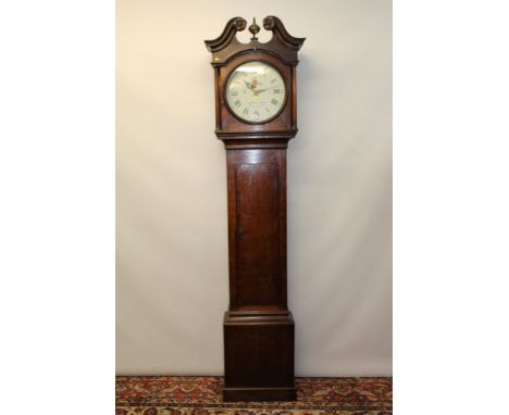 George III longcase clock with thirty hour movement striking on a bell, white enamel 13 inch diameter circular dial with pain