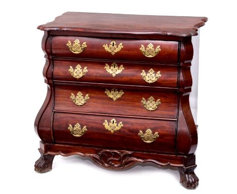 Good 18th century Dutch mahogany bombe commode with serpentine moulded top and having four graduated drawers between conformi