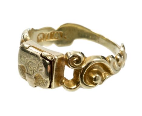 Victorian poison ring with a bezel modelled as a case with hinged lid on scroll shoulders, on tapered shank.  Ring size M½ CO