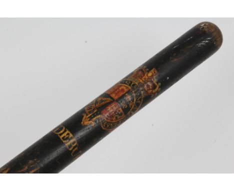 Rare Georgian Aldeburgh constables' wooden truncheon of cylindrical form, painted with G R and crowned pre-1801 Royal Arms an