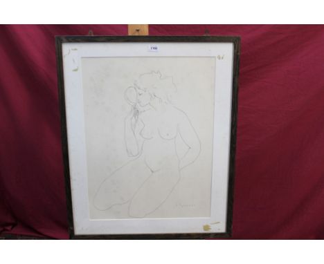 *Jean Le Guennec (1924 - 1988), ink sketch of a kneeling female nude, signed, in glazed frame, 63cm x 48cm
