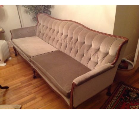 Large antique French-style show wood sofa with buttoned velvet upholstery and cabriole front legs, 220cm long x 80cm high x 7