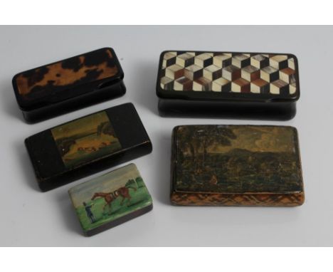 19th century horn snuff box of oblong form, the lid inset with horn geometric tessellation, 10cm long, together with papier m