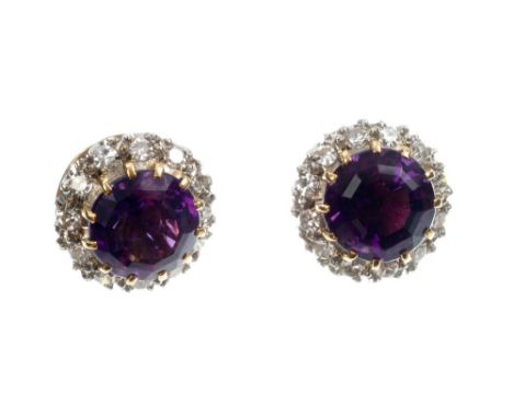 Pair amethyst and diamond cluster earrings, each with a round mixed cut amethyst surrounded by twelve single cut diamonds in 