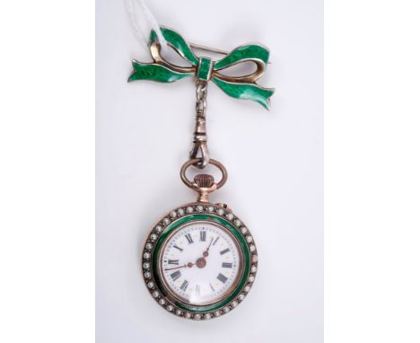 Late 19th century ladies' Swiss green guilloche enamel and seed pearl fob watch in silver gilt (800 Standard case), suspended