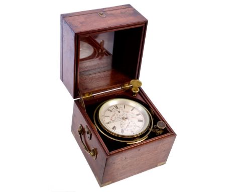 Fine quality Victorian two day Marine chronometer with four inch diameter silvered dial, subsidiary down / up wind dial and s