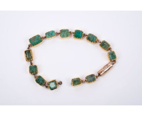 Antique emerald bracelet with thirteen step cut emeralds in yellow metal closed back collet setting, 16cm CONDITION REPORT Th