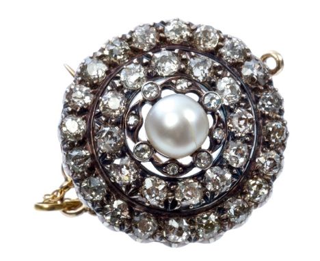 Victorian diamond and pearl pendant / brooch with a central pearl measuring approximately 6.8mm diameter, surrounded by a two