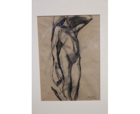 1970s pencil and pastel sketch of a female nude, indistinctly signed, another sketch of a female nude and one other signed li