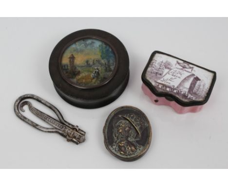 Georgian Bilston pink enamel box painted with urn and scroll 'A token of Love', snuff box, locket and folding button hook