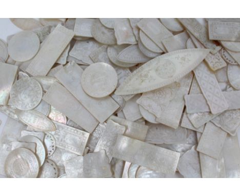 Large collection of 19th century Chinese mother of pearl gaming counters - various shapes and designs (approximately 160)  (R