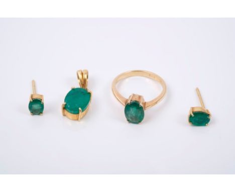 Emerald ring, pendant and earrings, each set with a single mixed cut emerald in yellow metal setting CONDITION REPORT Ring - 