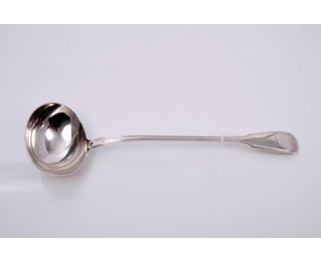 Early Victorian silver fiddle and thread pattern soup ladle with engraved armorial crest (London 1847), Elizabeth Eaton.  All