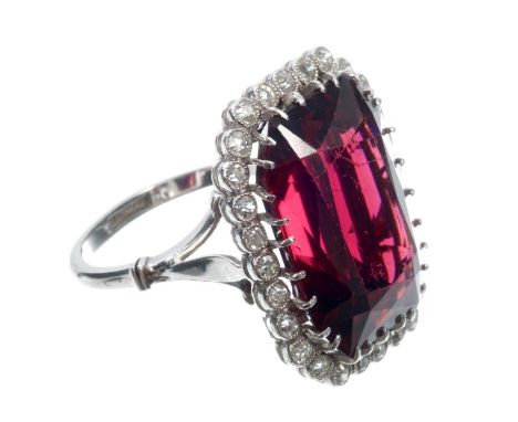 Fine pink tourmaline and diamond cocktail ring with a large octagonal mixed cut tourmaline measuring approximately 18.75mm x 
