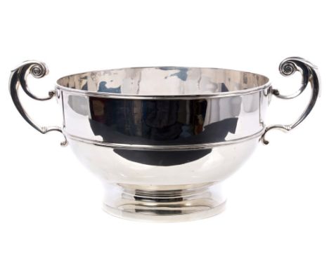 Late Victorian silver two-handled rose bowl of cauldron form, with bands of concave decoration and similar rim, two scroll ha