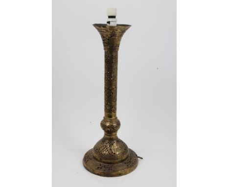 Early 20th century Islamic Damascus ware brass electric table lamp with pierced and Egyptian-style decoration, on circular ba