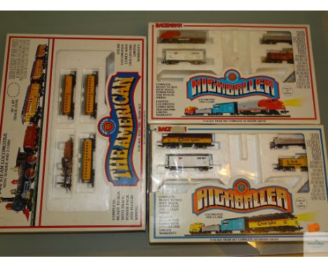 N GAUGE - GROUP OF AMERICAN OUTLINE TRAIN SETS to include - 'THE AMERICAN' and 2 x 'HIGHBALLER' by BACHMANN - all incomplete,