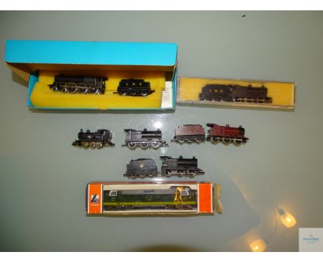 N GAUGE - GROUP OF LOCOS by LIMA, PECO and MINITRIX as lotted (one loco missing tender) - F/G in F/G boxes where boxed (7)