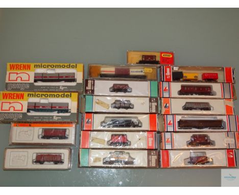 N GAUGE - GROUP OF MOSTLY BRITISH OUTLINE FREIGHT WAGONS by LIMA, WRENN etc - Generally G in F/G boxes (17) 