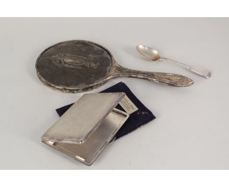 A silver and tortoiseshell hand mirror (as found) together with a silver cigarette case with engine turned decoration and a V