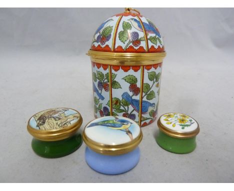 Halcyon Days - An enamel musical box, in the form of a birdcage, the enamelled design of birds amid fruiting branches with sc