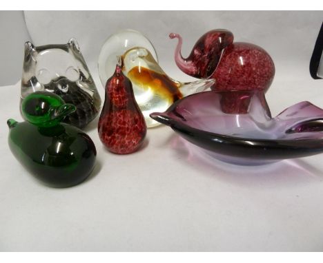 Ronald Stennett-Willson and Paul Miller for Wedgwood - a glass elephant, in speckled pink; a Whitefriars colourless glass owl