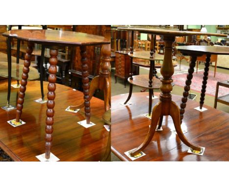 A late 19th century burr walnut octagonal shaped table, on bobbin turned legs; and a late George III mahogany tripod table (2