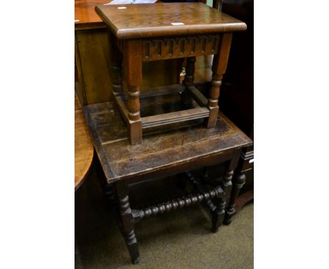 A provincial oak side table on bobbin turned supports and a later oak stool (2)