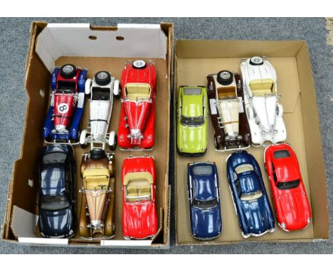 Twelve modern 1:18 scale model cars, in two boxes