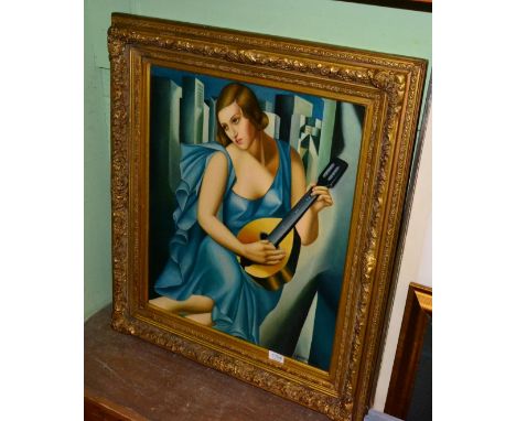 After Tamara Lempicka, portrait of a lady in a blue dress playing a mandolin, oil on board 