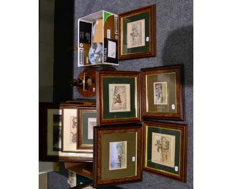 A brass horse head gong stand, oak oval backboard; a set of Royal Worcester racehorse collectors plates; and nine framed hunt