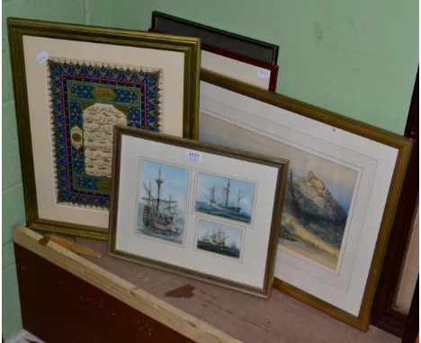 John Parkin, Santa Maria, three studies of tall ships framed as one, watercolour; a 20th century Islamic illuminated manuscri