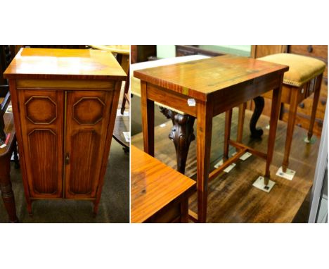 A satinwood music cabinet, a matching piano stool and a small table 