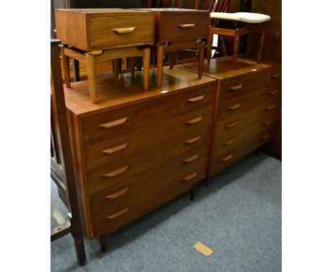 A Danish style five height chest of drawers; a pair of matching bedside tables and a similar stool