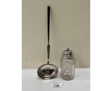 A Victorian cut glass caster with silver top, Sheffield 1839, 4½' high; together with a toddy ladle with inset George III coi