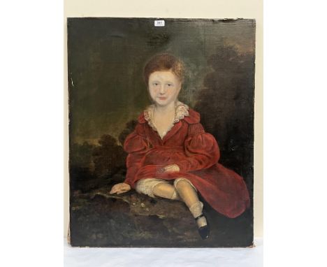 19TH CENTURY SCHOOL  A portrait of a young girl seated in a landscape. Oil on canvas 36' x 29'. Unframed
