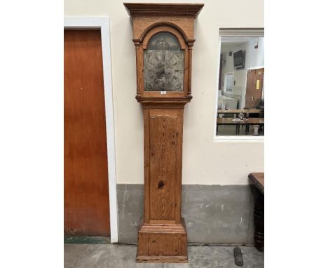 A George III pine longcase clock, 8 day movement, the 12' silvered break-arch dial with ship automaton and painted seascape, 