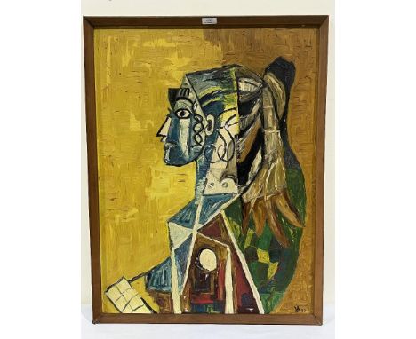 STYLE OF PABLO PICASSO A portrait of Sylvette David (the Picasso model). Signed initials JW. and dated '72. Oil on board 31½'