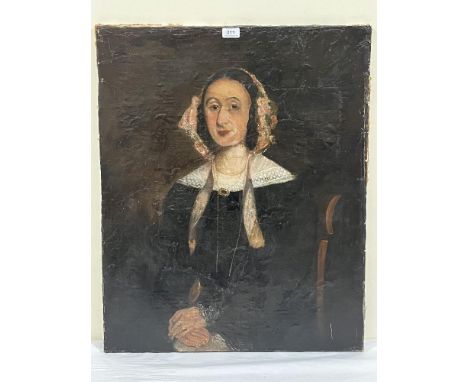 ENGLISH SCHOOL. 19TH CENTURY  Portrait of a lady wearing a bonnet, lace collar, gold brooch and chain. Oil on lined canvas. 3