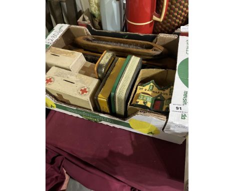 A box of vintage collection boxes, loom shuttles and tins