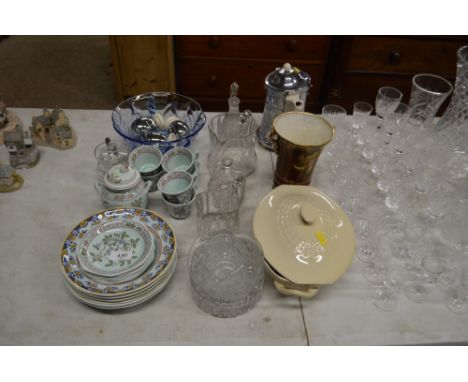 An Art Deco blue glass bowl; a chrome plated coffee pot; a Carlton ware vase and various other glass and china