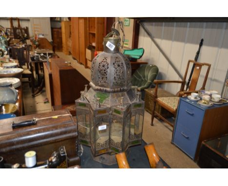 A Moroccan brass and glass hanging light fitting, AF