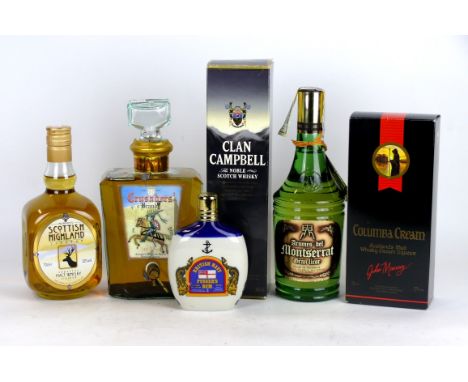 6 item mixed Lot 
Comprising, 1 bottle Clan Campbell Noble Scotch Whisky, 1 bottle Armes de Montserrat Gran Licor, 1 bottle “