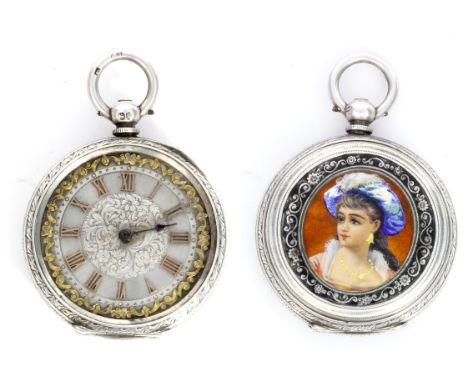 A Victorian enamelled hallmarked silver cased open faced key wind pocket watch 
The reverse beautifully enamelled with a port