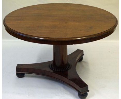 A Victorian mahogany circular breakfast table 
The tilting circular top raised on a solid cylindrical column with attractive 