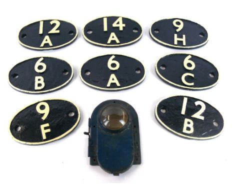 Nine pieces of Railwayana to include eight engine plaques
Various numbers including 12A, 6B, 9H, also a lamp lens.
 CONDITION