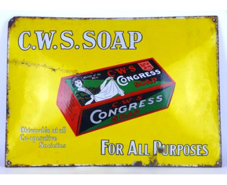A C.W.S. Soap advertising convex enamel sign
Decorated with a C.W.S. Congress soap box on a yellow ground, 39x54cm.
 CONDITIO
