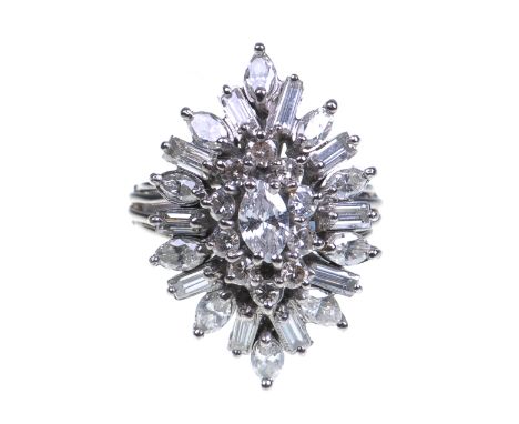 A multi diamond set cocktail ring
Set with marquise, baguette and round brilliant cut diamonds, in novette form cluster, with