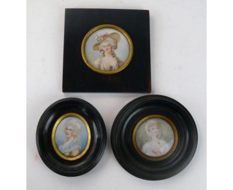 Three 19th century portrait miniatures on ivory each depicting ladies 
Wearing traditional clothing and jewellery

