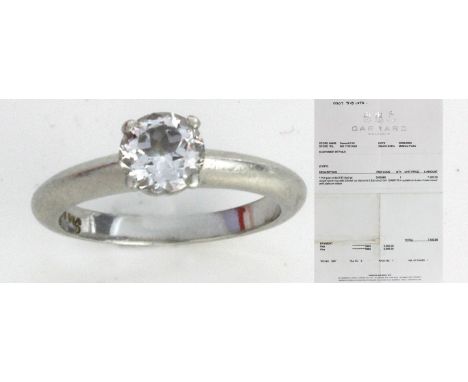 A Garrard & Co platinum and diamond single stone ring
The eternal cut diamond approx. 0.83ct, ring size I, 4.8gms, together w